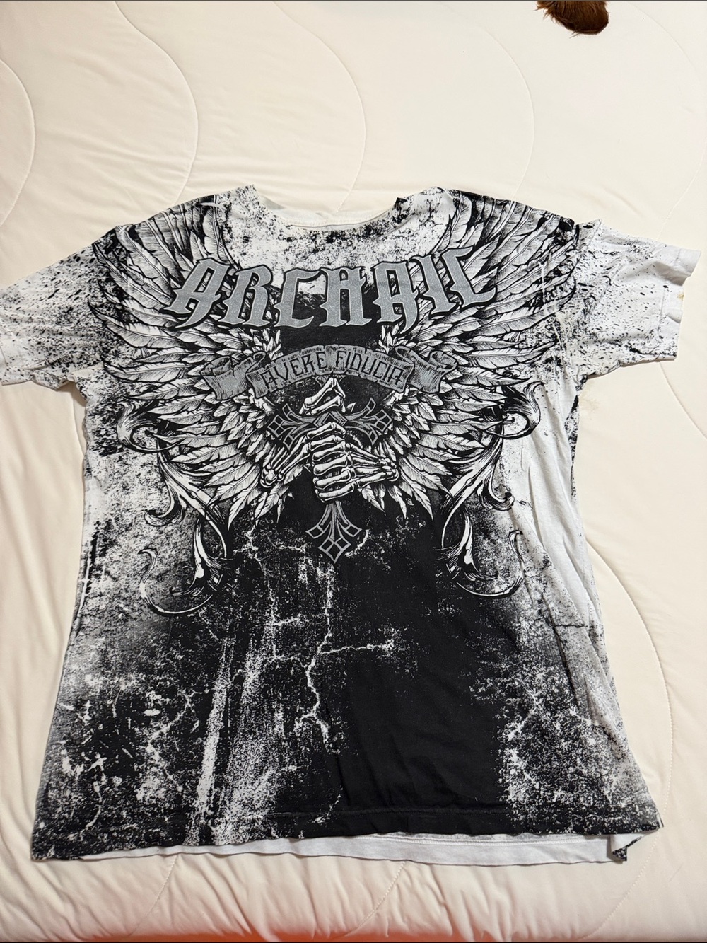 Archaic Black and White Winged Skull Short Sleeve Tee